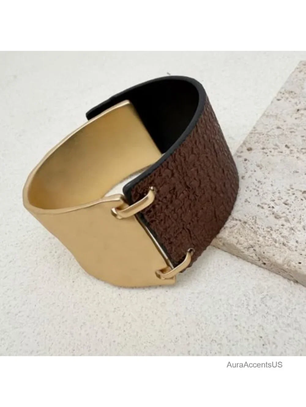 Chunky Leather Wrap Bracelet for Women with Gold Metal Accent Statement Bangle